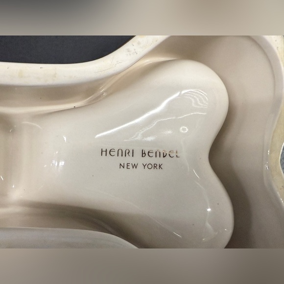 Henri Bendel NY Bone Appetit Dog Bowl Brown & White Stripe Gold Band - Picture 5 of 7